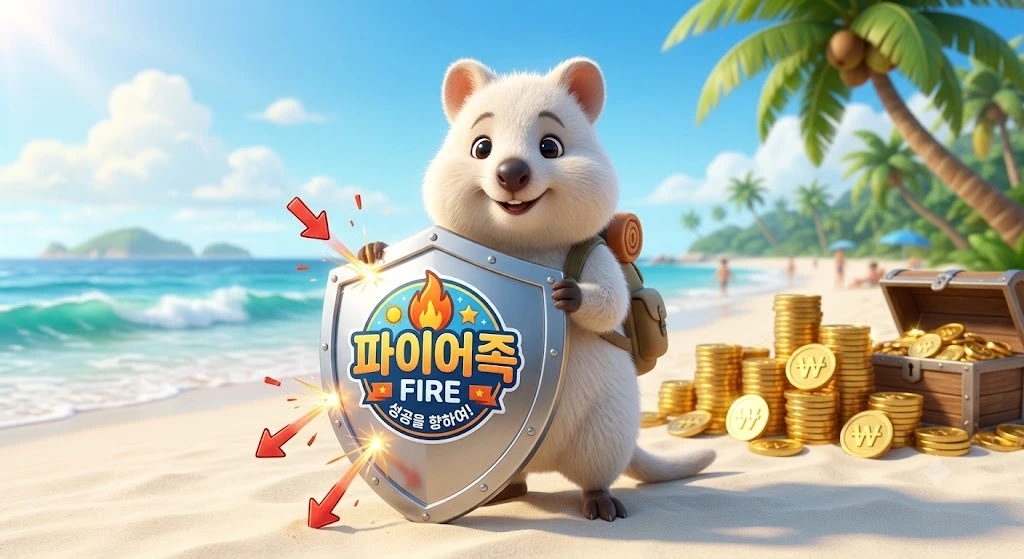 백쿼카가 '파이어족 FIRE 성공을 향하여!'라고 적힌 튼튼한 은색 방패를 들고 환하게 웃고 있는 모습. 방패가 주가 하락을 의미하는 빨간색 화살표들을 튕겨내며, 그 뒤에 쌓인 금화 뭉치를 안전하게 지켜내는 자산 방어의 중요성을 표현함.