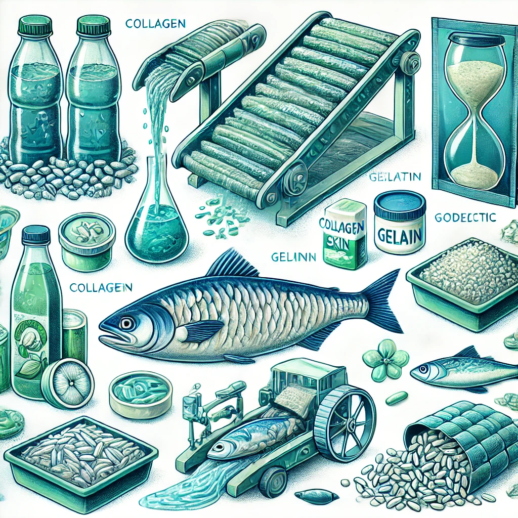 물고기 추출물을 담은 병과 그것을 가공해서 제품을 만들어 내는 표현의 이미지