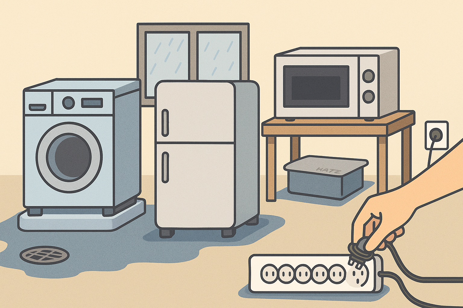 세탁기 받침대, 실리콘 매트, 멀티탭 위치 등 가전제품 침수 예방 일러스트