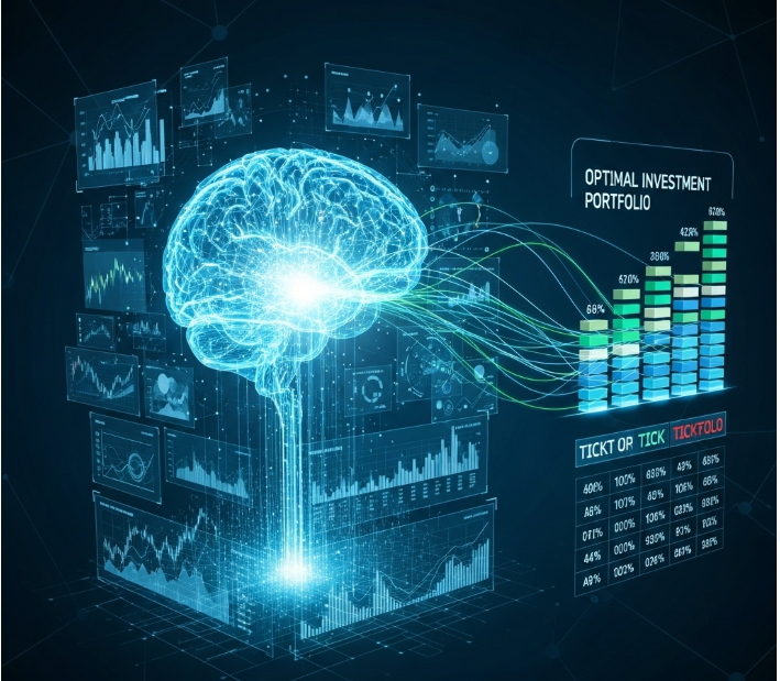 빛나는 AI 뇌가 금융 차트와 데이터를 복합적으로 분석하며, 최적의 투자 포트폴리오를 구성하는 모습을 시각적으로 표현한 그래픽.