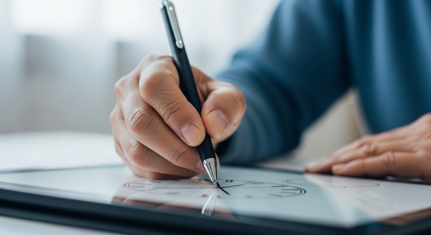 고령 운전자가 시계 그리기 검사처럼 도형을 그리며 시공간 구성 능력을 평가받는 모습입니다.