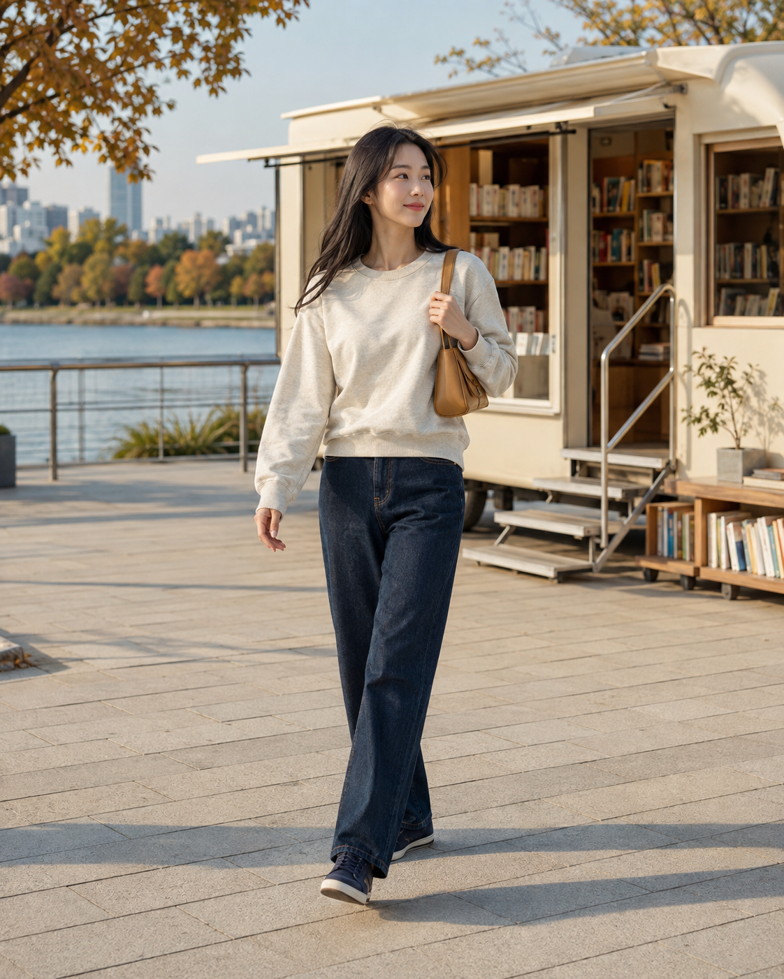 주말｜짧은 스웨트셔츠와 진청 데님에서 옷의 길이와 실루엣이 신체 비율에 미치는 포인트를 보여주는 이미지입니다.