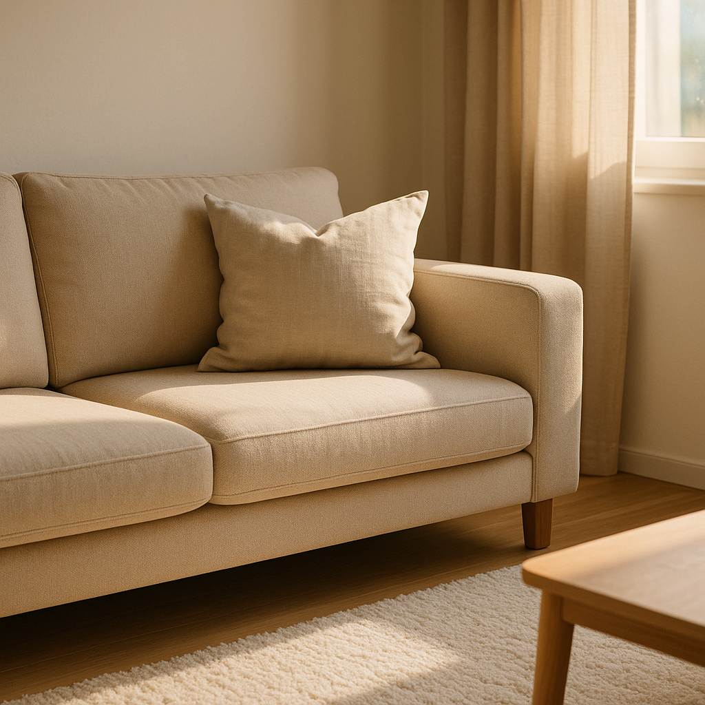 소파 위 패브릭 쿠션과 바닥 러그가 어우러진 아늑한 거실