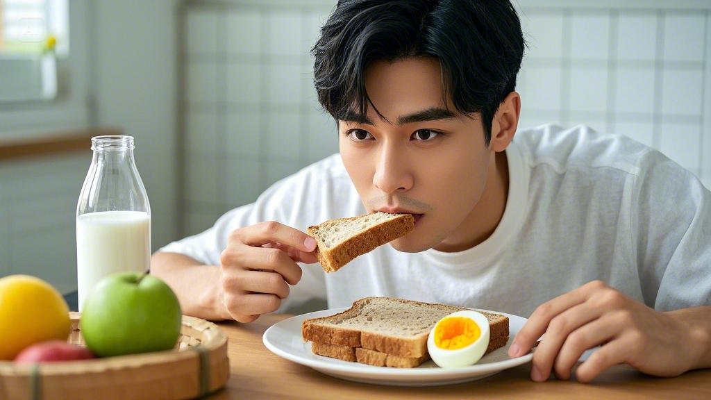 A man is eating in the morning.