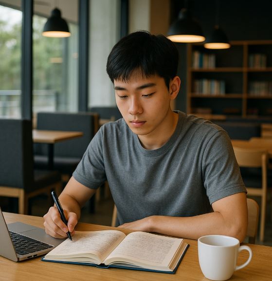 카페에서 공부하는 사진