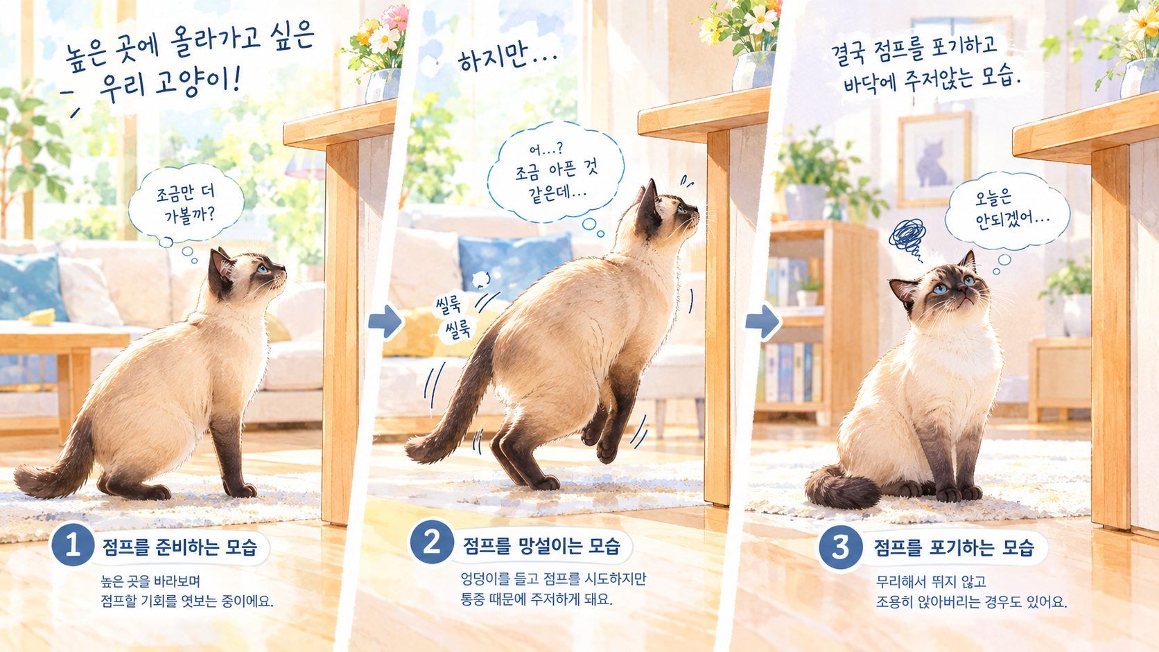 고양이 점프 실패 및 망설이는 행동 모습