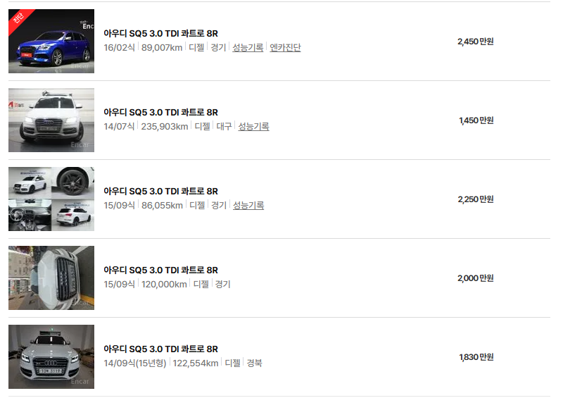아우디 SQ5 중고차 가격 시세표 고속 시내 연비
