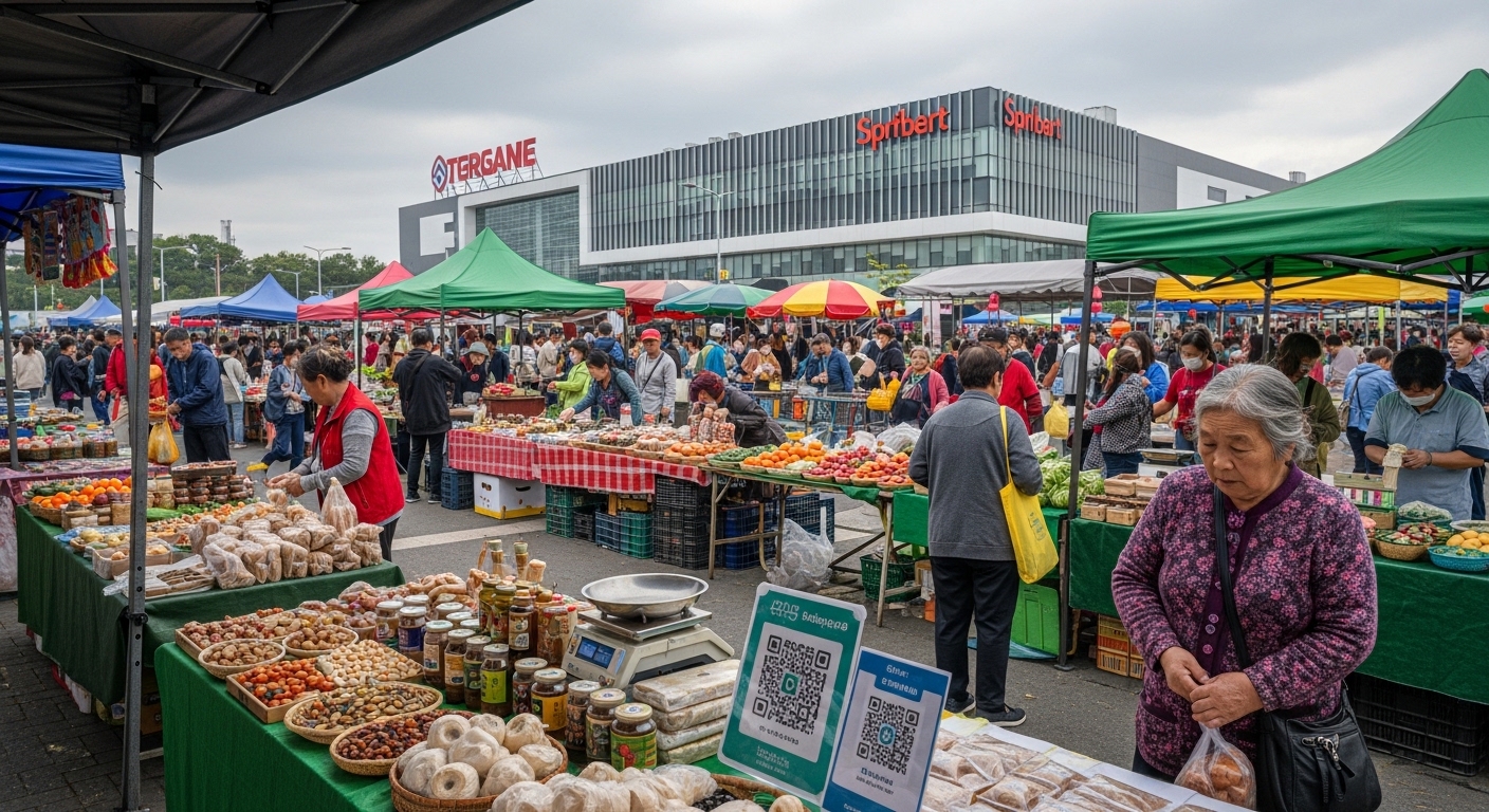활기찬 전통시장과 현대적인 대형마트가 어우러진 풍경. 대형마트 규제 완화에 직면한 전통시장 상인들과 소상공인들이 정부 지원을 통해 변화와 성장을 모색하는 모습을 상징합니다.