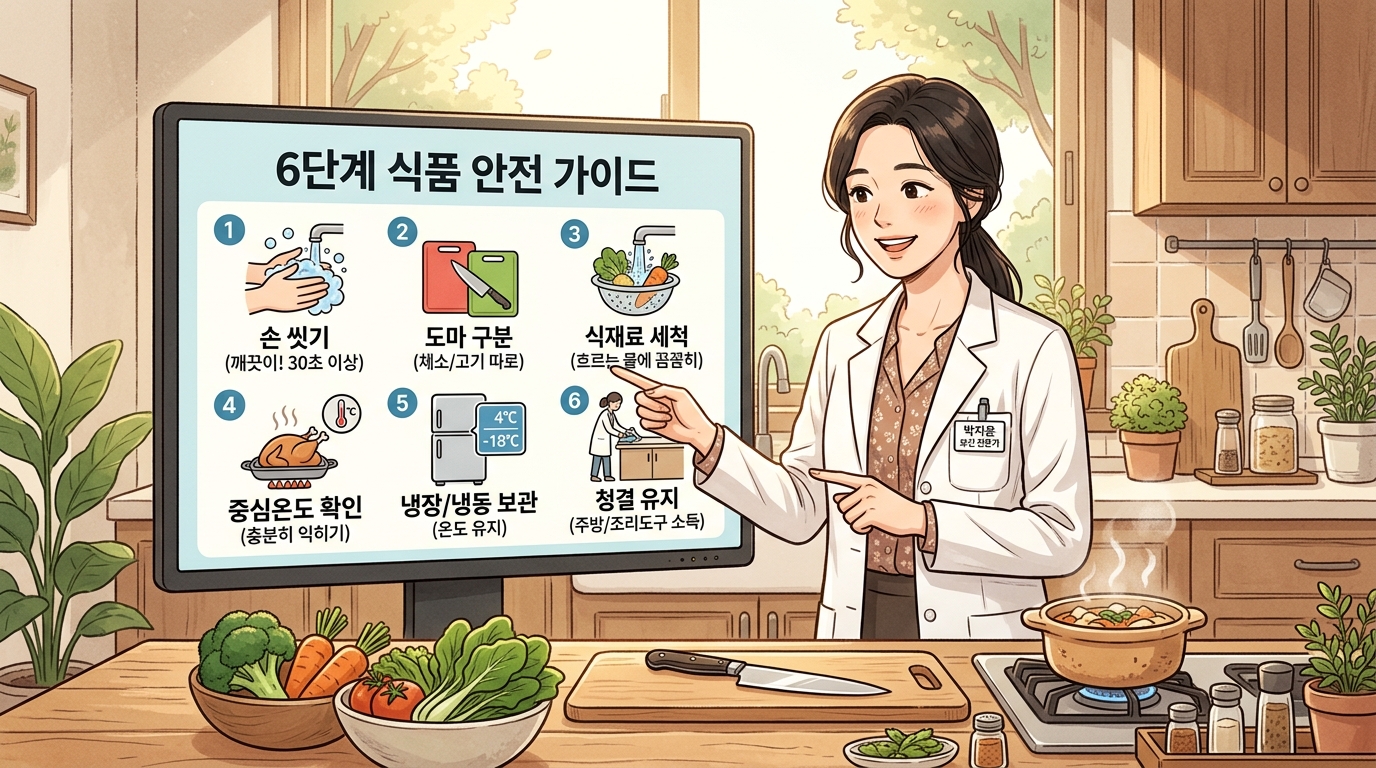 깨끗하고 위생적인 주방 환경에서 보건 전문가 선생님이 대형 인포그래픽 안내판을 가리키며 살모넬라균과 장염을 완벽히 예방하는 여름철 식중독 예방 가이드 수칙 및 식약처 지정 6대 수칙 위생 관리법을 다정하고 친절하게 가이드해 주는 2D 일러스트 이미지.