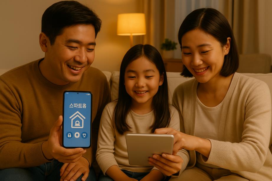 가족이 스마트홈 앱을 함께 설정하며 즐겁게 사용하는 모습