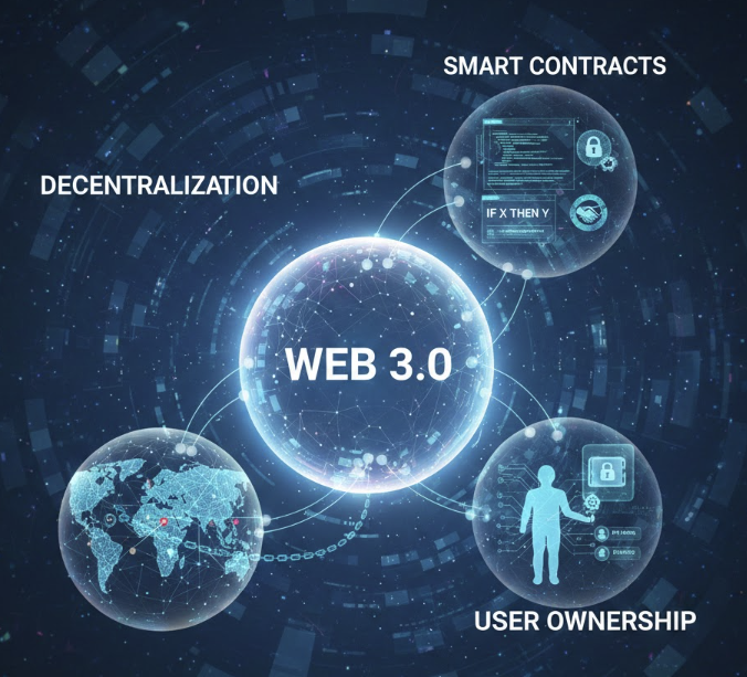 웹 3.0의 핵심 원리인 탈중앙화(Decentralization), 스마트 계약(Smart Contracts), 사용자 소유권(User Ownership)을 보여주는 기술적인 다이어그램