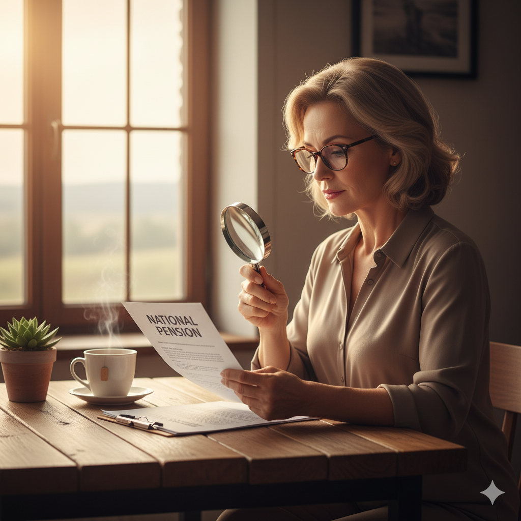 햇살 드는 창가에서 돋보기를 끼고 국민연금 서류를 살펴보는 지적인 여성
