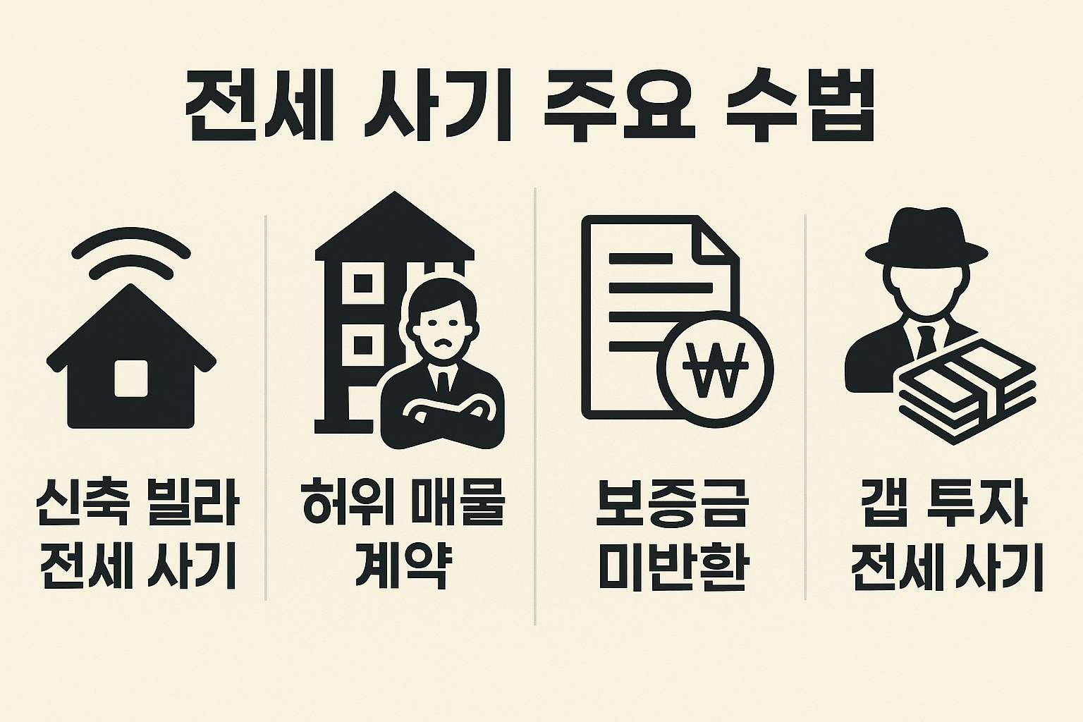 전세사기 주요 수법 인포그래픽 – 신축 빌라 전세사기, 허위 매물 계약, 보증금 미반환, 갭 투자 전세사기를 흑백 아이콘으로 구성