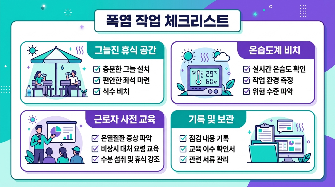 폭염작업 체크리스트 4가지를 보여주는 그리드 인포그래픽