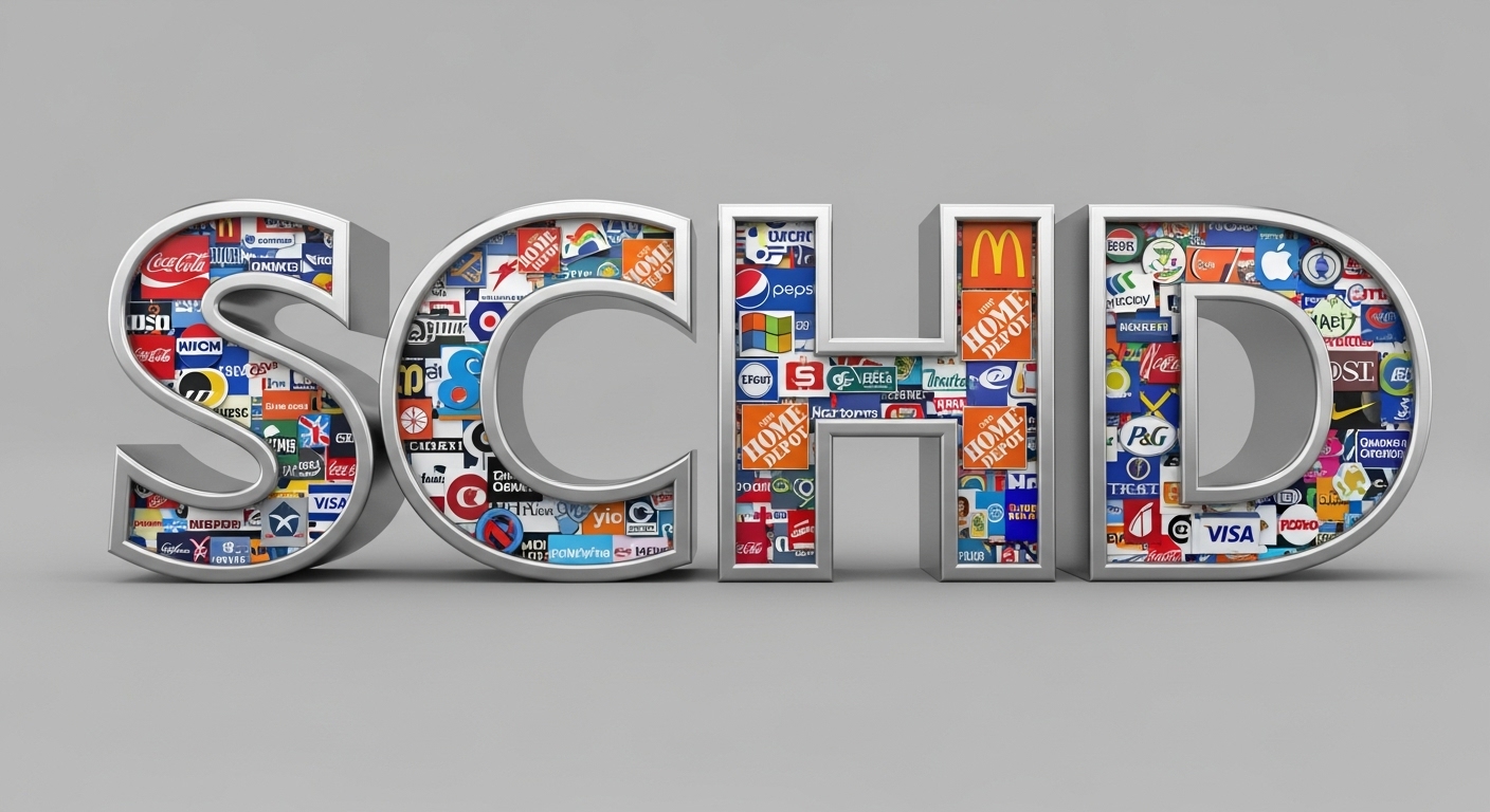 SCHD 로고와 그 안에 담긴 '코카콜라', '펩시', '홈 디포' 등 100개 기업 아이콘