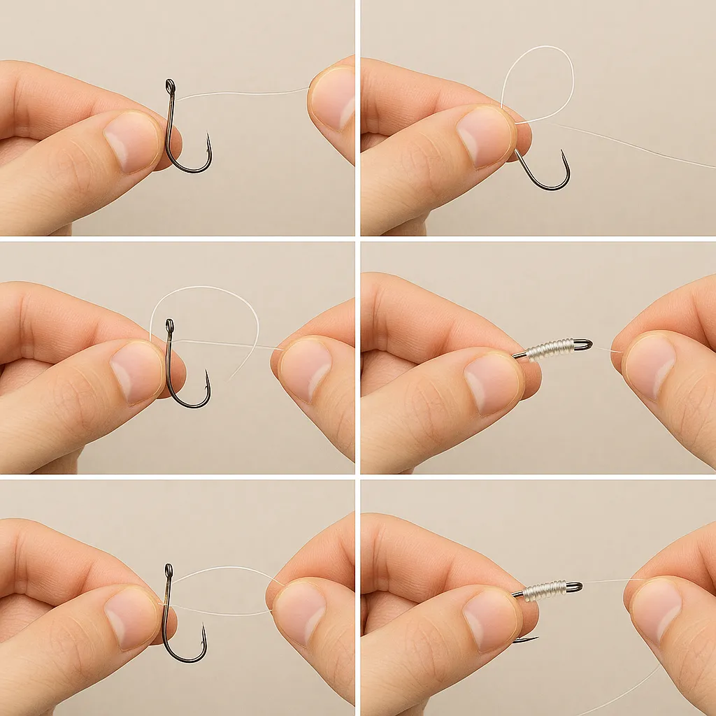 낚시 바늘 외줄매듭을 순서대로 설명한 손동작 클로즈업