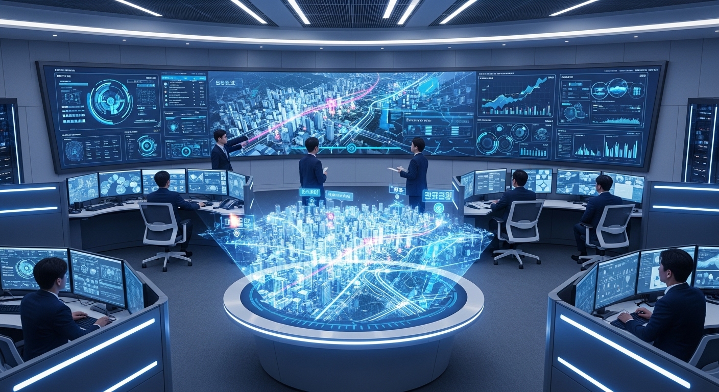 대형 스크린에 도시 전체의 데이터가 실시간으로 표시되는 최첨단 AI 도시 통합 관제 센터에서 전문가들이 시스템을 모니터링하는 모습