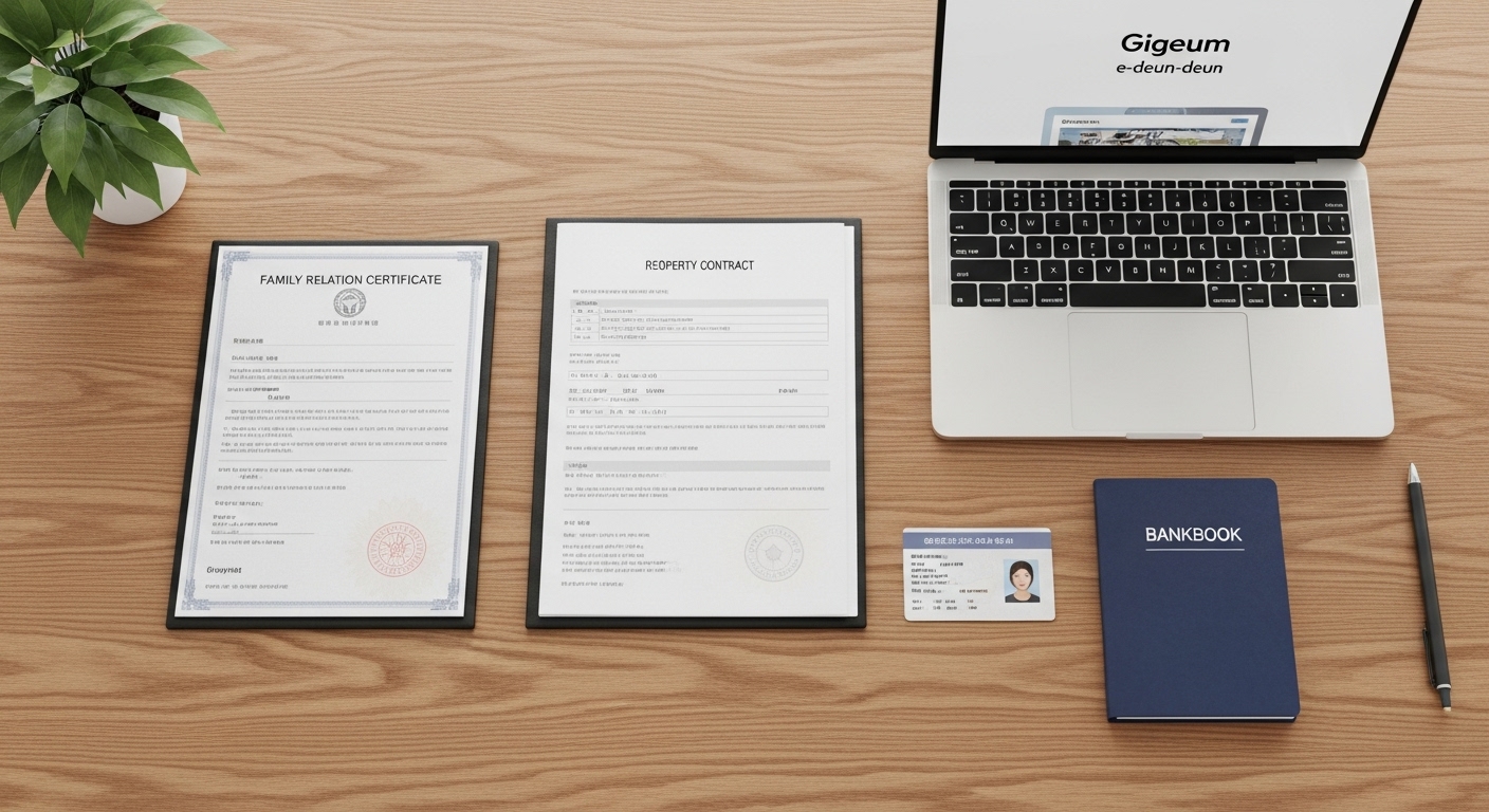 신생아 특례대출 신청에 필요한 서류들이 책상 위에 정리되어 있는 모습.