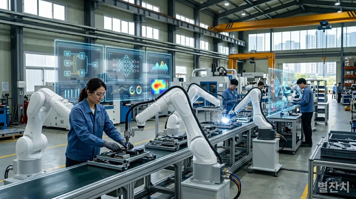 한국 제조 공장에 AI 기술이 도입되어 디지털 전환을 이루는 모습