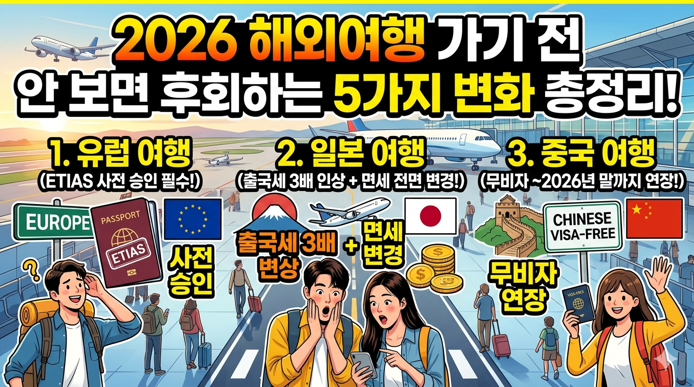 2026년 해외여행 가기 전 안 보면 후회하는 5가지 변화 총정리/ 1. 유럽 여행의 큰 변화 — ETIAS 사전 승인이 필요해집니다/ 2. 일본 여행 — 출국세 3배 인상 + 면세 방식 전면 변경/ 3. 중국 여행 — 무비자 2026년 말까지 연장!