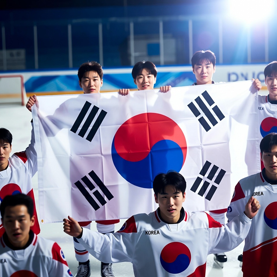 선수단이 태극기 들고 있는 모습