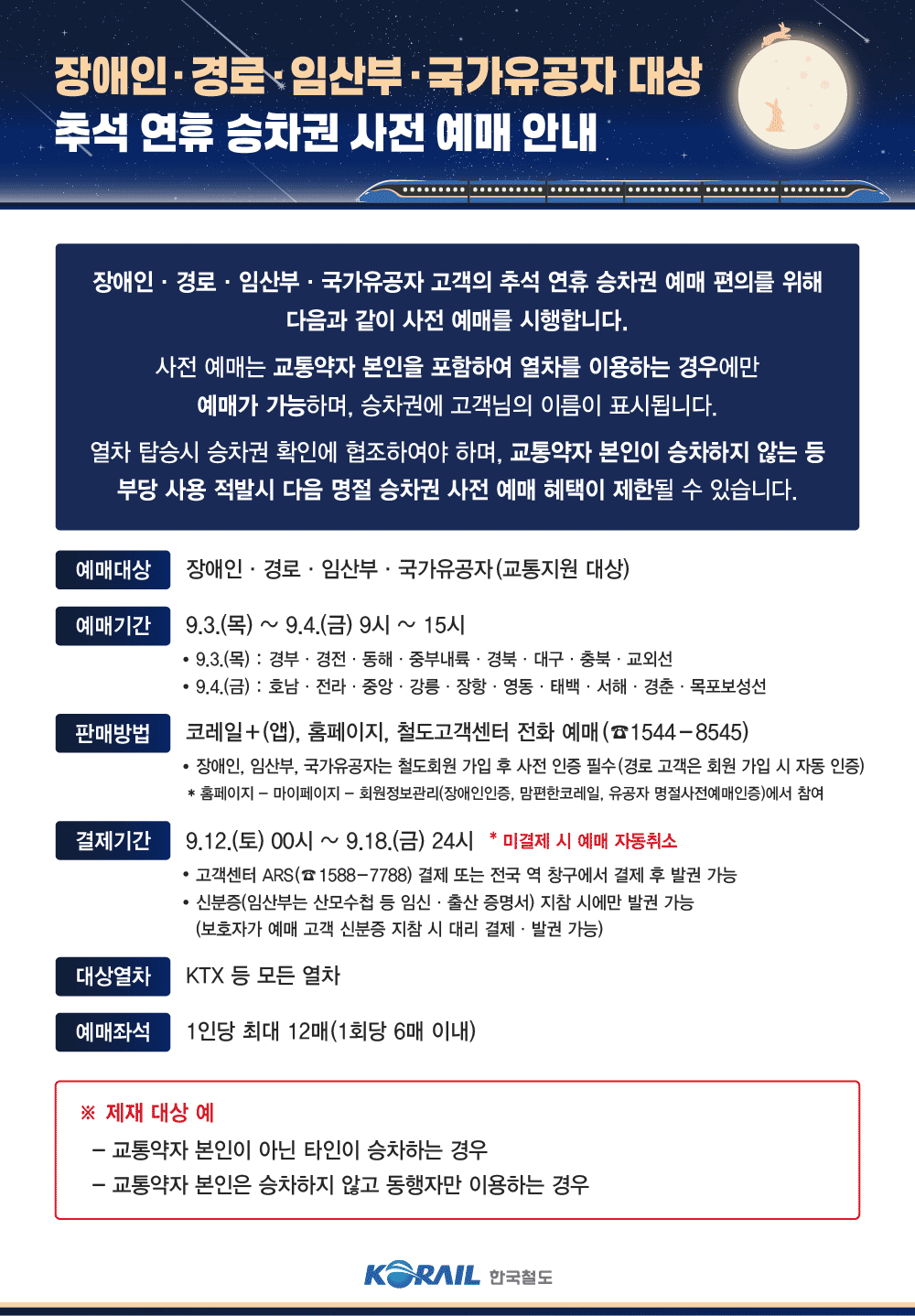 2026 추석 KTX 장애인 경로 임산부 국가유공자 교통약자 사전예매 안내