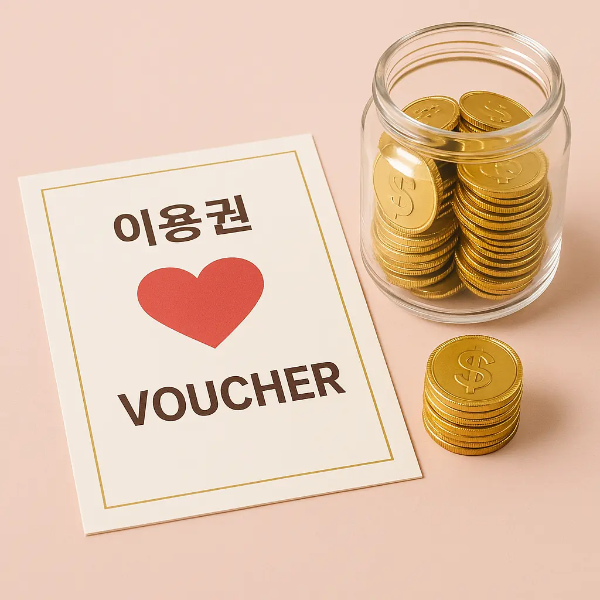 핑크 배경 위 바우처와 금색 동전이 담긴 유리병이 함께 놓인 정적인 이미지, 텍스트 없음