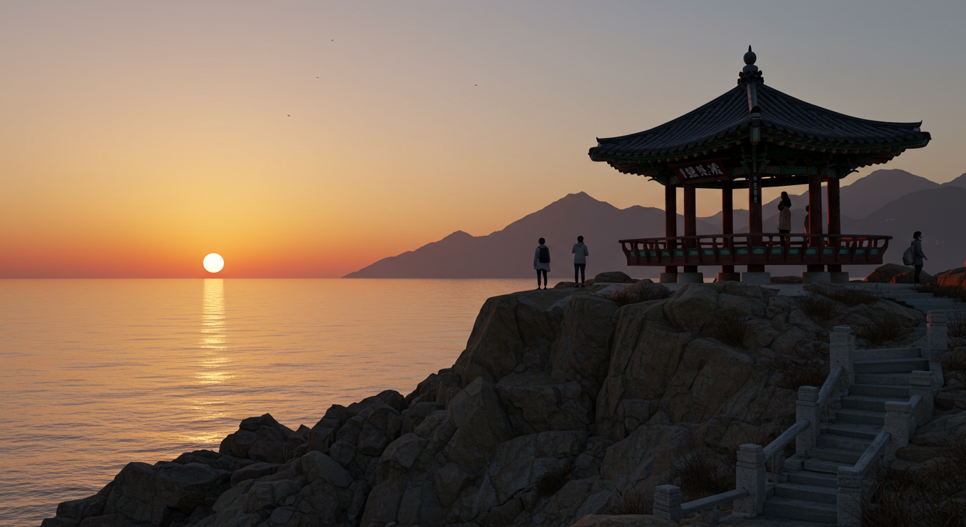 속초 영금정에서 한국인들이 동해 바다 위로 떠오르는 해돋이를 감상하는 모습