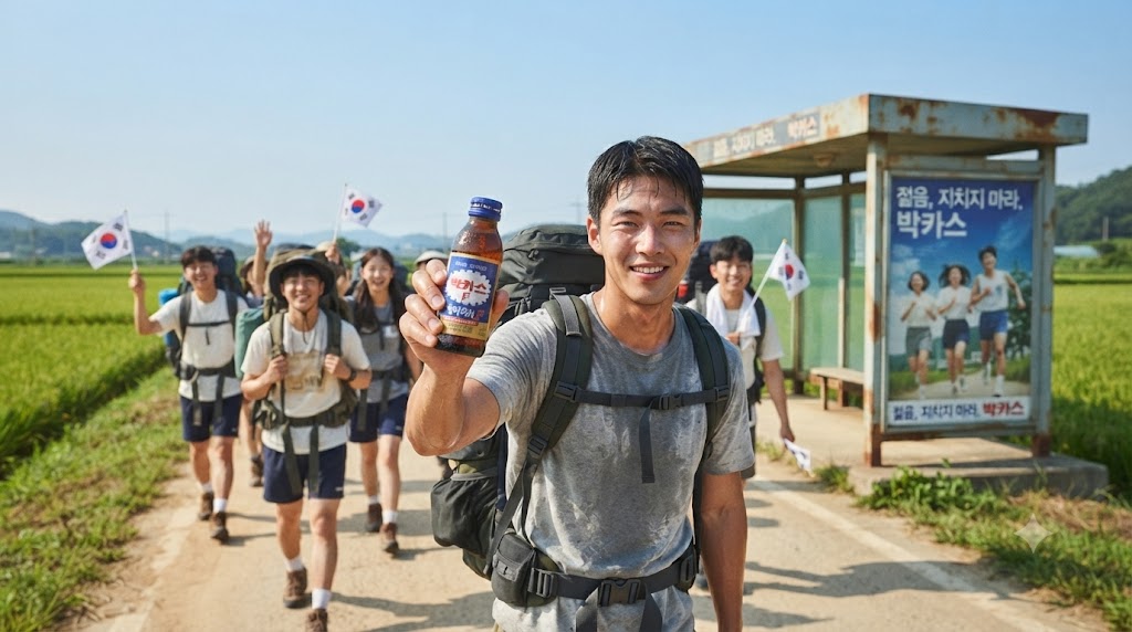 1990년대 국토대장전 현장 실물 사진. 배낭을 멘 청춘들이 뙤약볕 아래 시골길을 힘차게 걸으며 실물 박카스 병으로 에너지를 채우고 있다. 뒤편 버스 정류장의 '젊음, 지치지 마라' 빈티지 포스터가 당시의 열기를 증언한다.