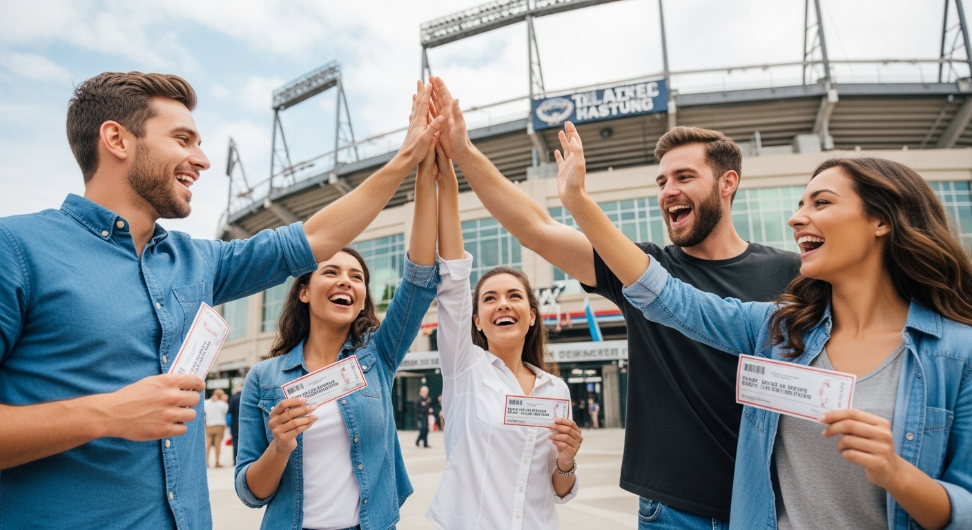 야구장 앞에서 티켓을 들고 환호하며 하이파이브하는 친구들. 2025 한국시리즈 티켓을 성공적으로 구한 기쁨을 표현합니다.