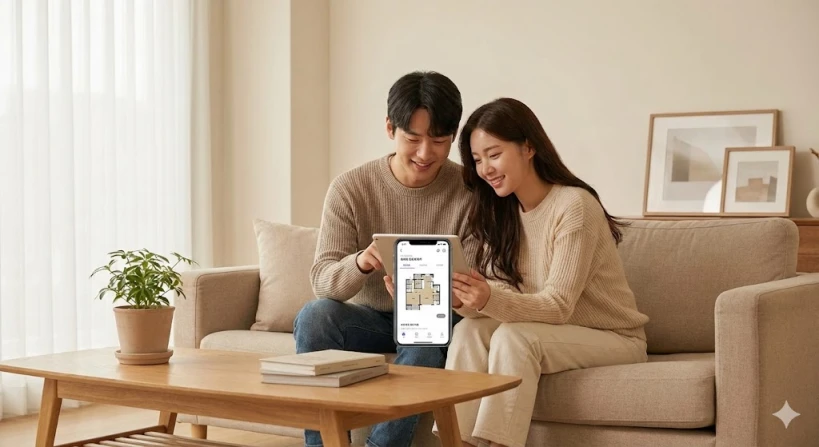 거실 소파에 앉아 태블릿 PC를 함께 보며 웃고 있는 부부의 모습입니다. 따뜻한 조명 아래서 가족이 함께 고향사랑기부제 혜택을 의논하며 기부하는 듯한 행복하고 여유로운 분위기를 자아냅니다.