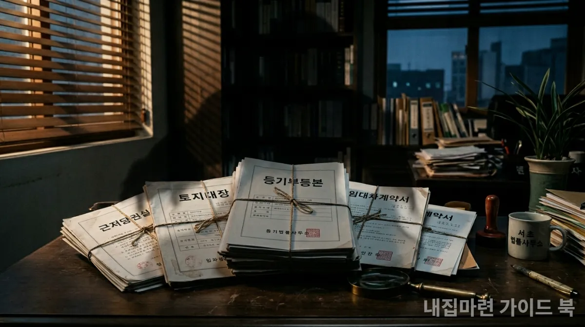 등기부등본 뒤에 숨어있는 유치권과 같은 숨겨진 권리를 상징하는 그림자