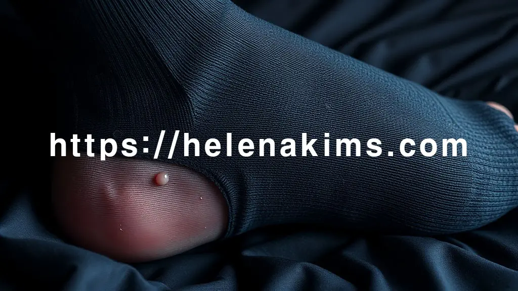 발에 꽉 끼고 땀이 찬 듯한 합성섬유 수면양말을 신은 발의 모습.