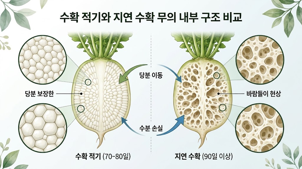수확 적기의 밀도 높은 무와 수확이 늦어져 바람이 든 무의 차이를 설명하는 인포그래픽