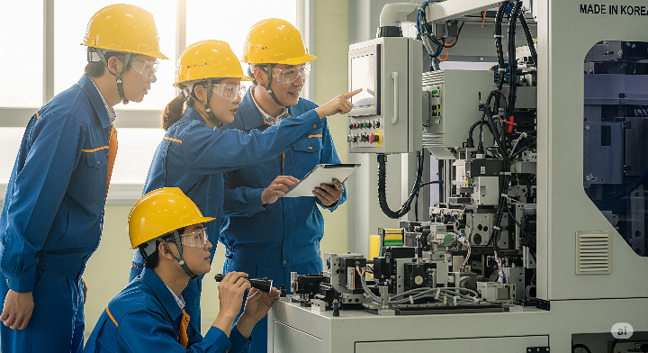 안전모와 보호 장비를 착용한 작업자들이 서로 협력하며 기계를 점검하고 있는 모습. 밝고 긍정적인 분위기.