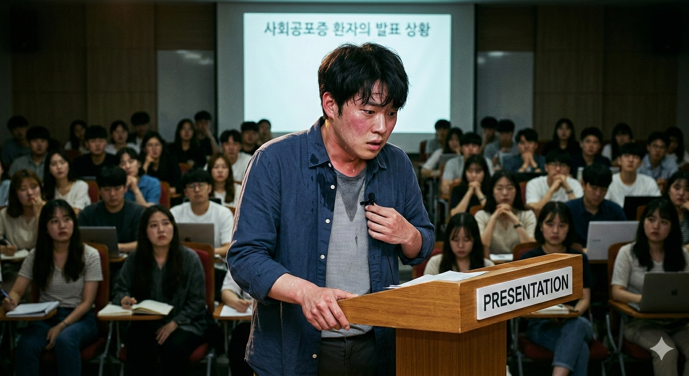 사회공포증 증상을 보이는 모습 (긴장, 예민도 상승, 사소한 자극에 쉽게 놀람)