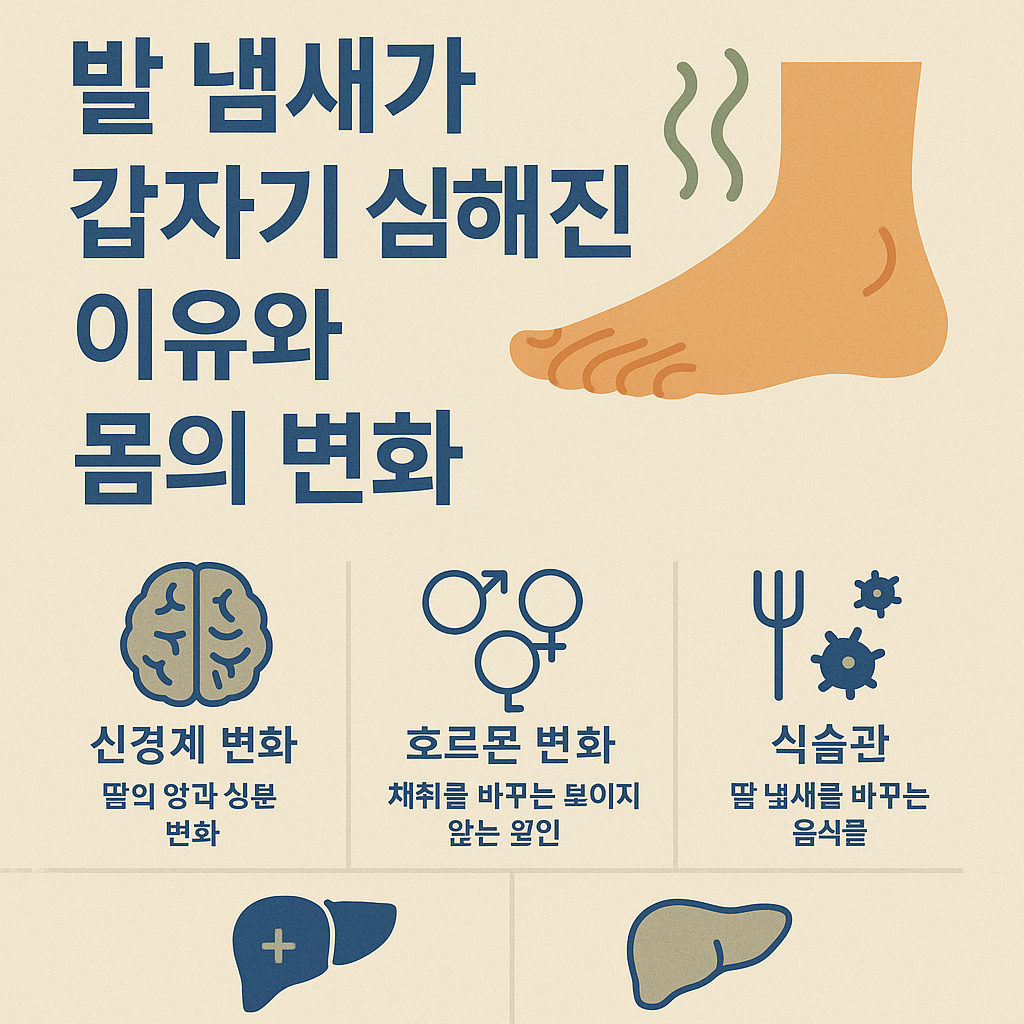 발 냄새가 심해지는 원인을 시각적으로 표현한 인포그래픽. 발 그림과 함께 신경계 변화, 호르몬 변화, 식습관, 장기 기능 등의 원인을 아이콘과 텍스트로 표시