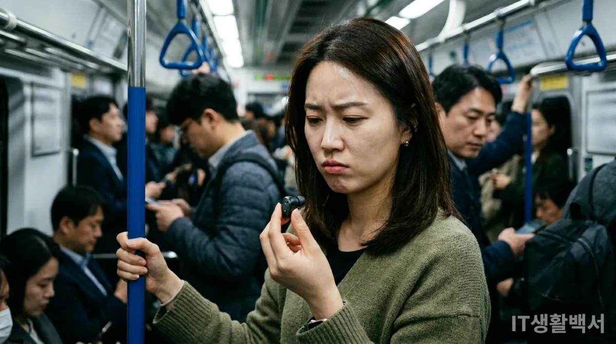 저가형 무선 이어폰을 들고 지하철에서 답답해하는 한국인