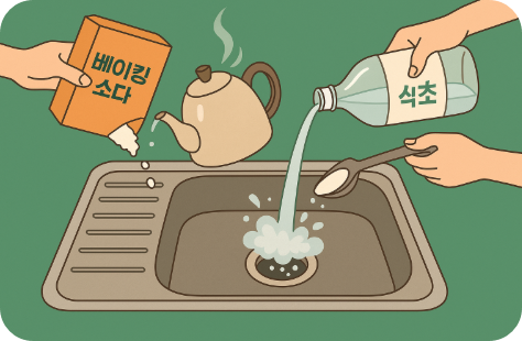 뜨거운 물 + 베이킹소다 + 식초