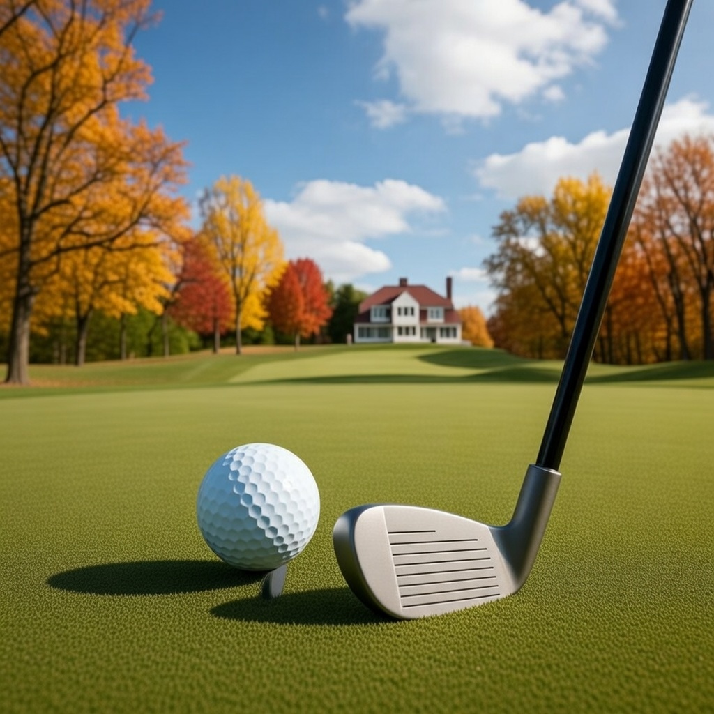 골프공과 클럽이 클럽하우스를 배경으로 있는 사진