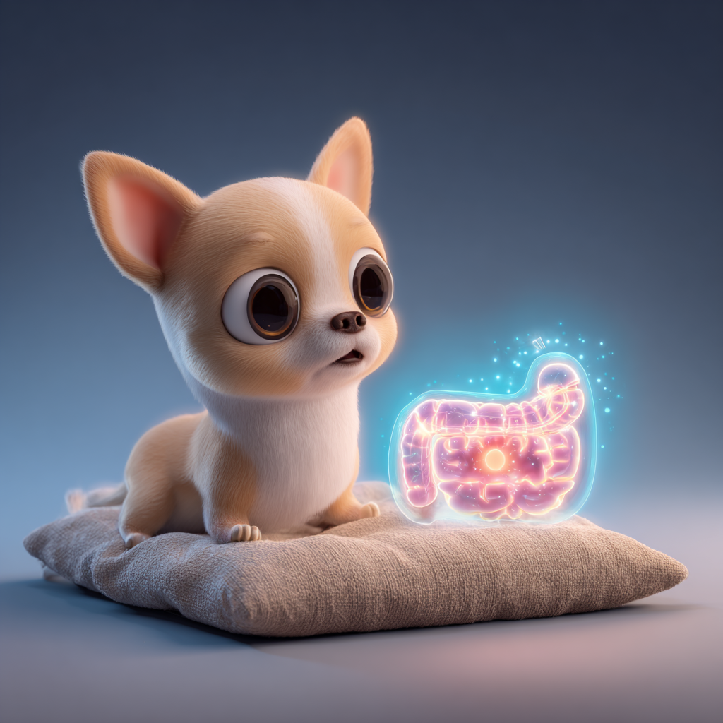 속이 불편해보이는 강아지 앞의 장 모형, 픽사스타일 일러스트