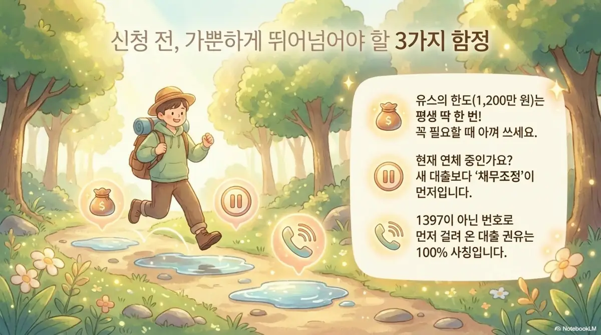 햇살론 대출: 숲길의 물웅덩이를 뛰어넘는 사람과 돈주머니·일시정지·전화 아이콘 그리고 안내 문구가 적힌 일러스트. 햇살론유스 한도 1,200만 원은 평생 한 번이라 아껴 써야 하고 연체 중이면 새 대출보다 채무조정이 먼저이며 1397이 아닌 번호의 대출 권유는 사칭이라는 신청 전 주의사항을 시각적으로 전달하며, 블로그의 햇살론 신청 주의사항 주제와 관련된 내용을 설명함