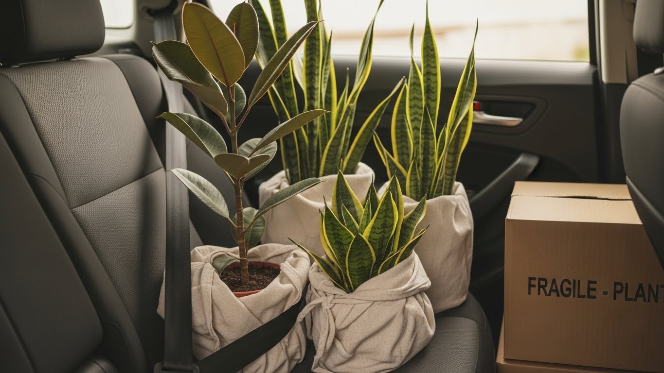 이사 중 실내 식물들을 안전하게 운반하기 위해 천으로 감싸고 차량 뒷좌석에 고정한 모습. 산세베리아와 고무나무가 안정적으로 놓여 있고 작은 화분이 박스 안에 정리된 장면.