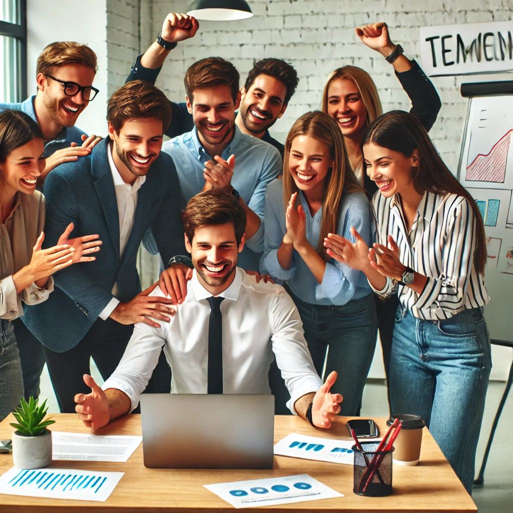 현대적인 사무실에서 동료들이 프레젠테이션 준비 중인 동료를 열정적으로 지원하는 모습. 웃음과 격려의 몸짓으로 팀워크가 돋보이는 장면. 화이트보드와 동기 부여 포스터가 배경에 보임