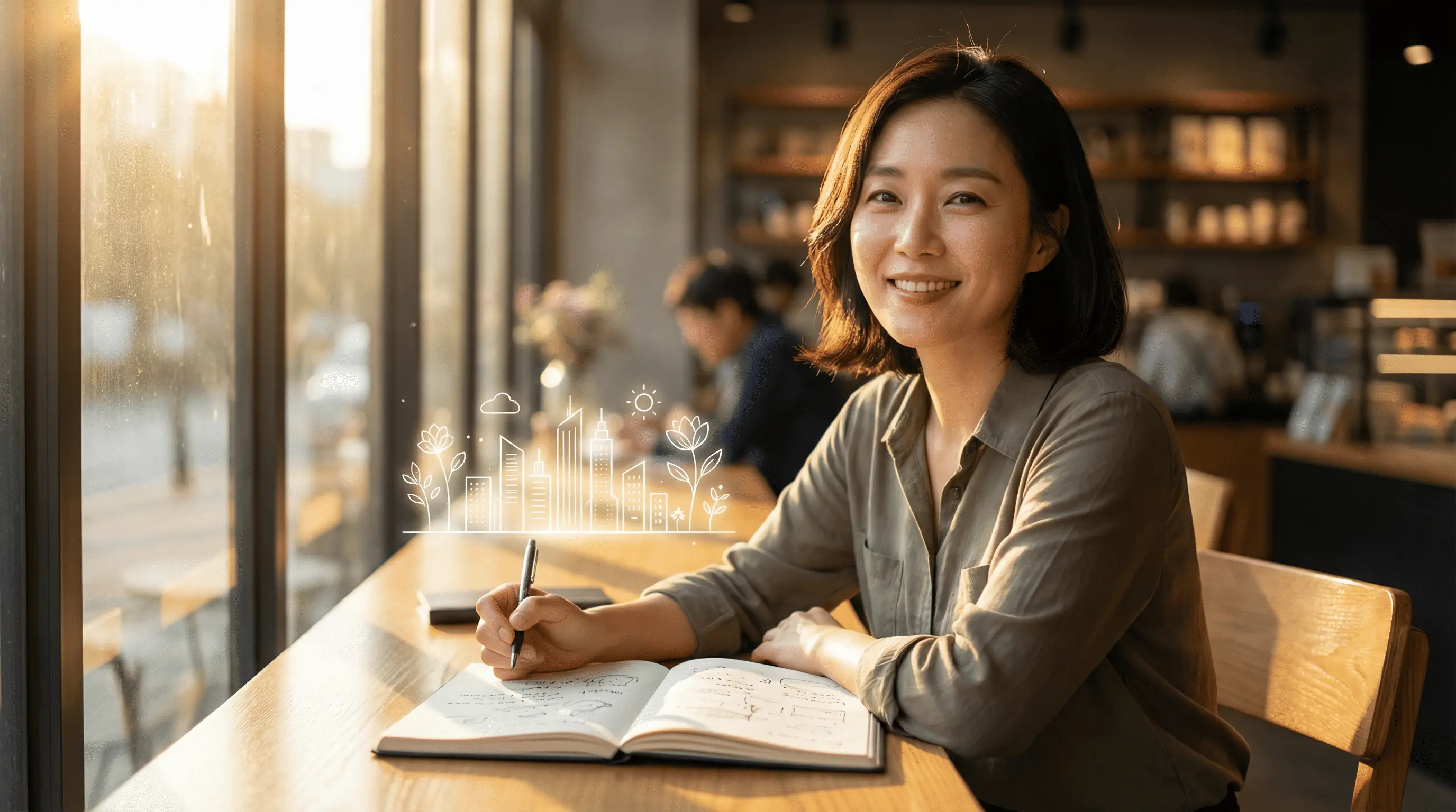 여성 창업가가 밝은 표정으로 노트북을 보며 사업 계획을 구상하는 모습, 따뜻하고 희망찬 분위기