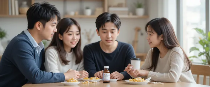 식탁에서 알부민 영양제 병을 앞에 두고 대화하는 가족의 모습
