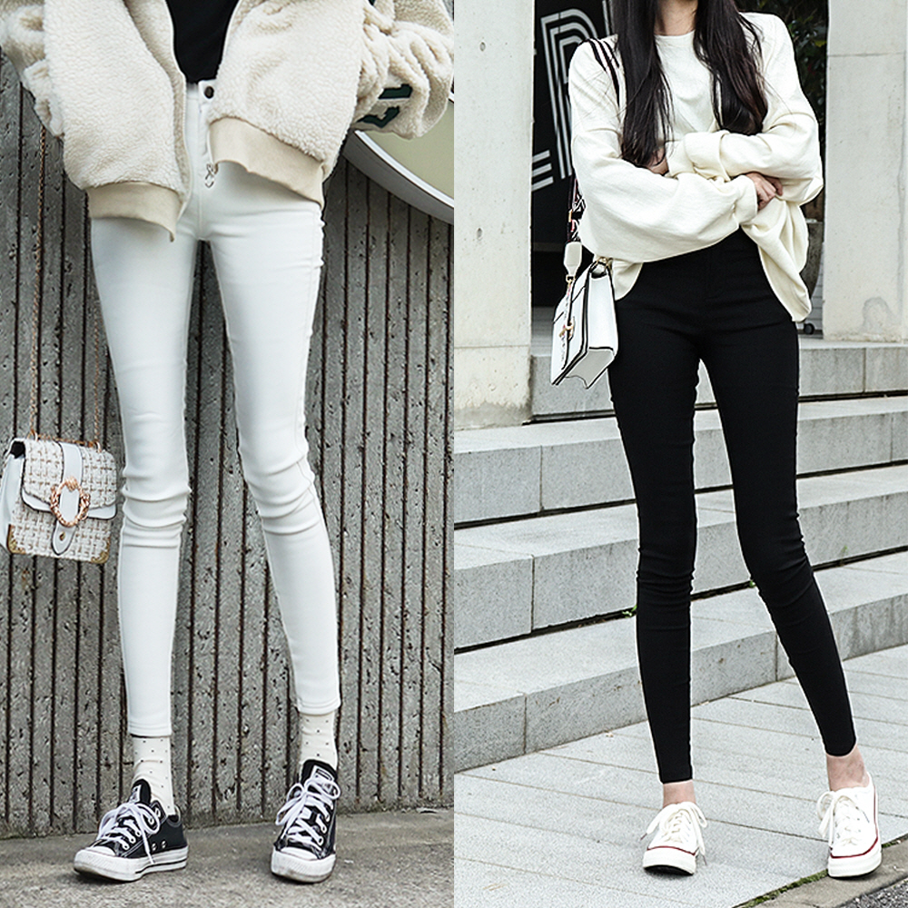 융 기모 스키니 바지 팬츠 고탄력 스판 밴딩 하이웨스트 화이트블랙 겨울 여성 여자 바지