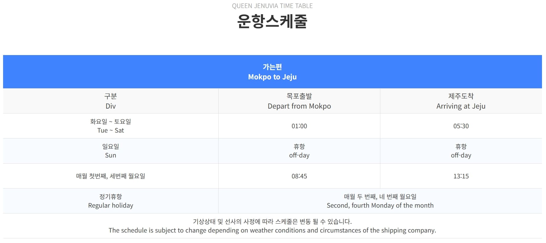 목포 제주 배편 운항표