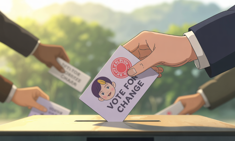 2025년 대선 맞이, MZ세대의 개성을 담은 투표 인증용지 인증샷. 빨간 도장이 찍힌 용지를 들고 있는 다양한 손들이 투표 참여의 즐거움을 표현합니다.