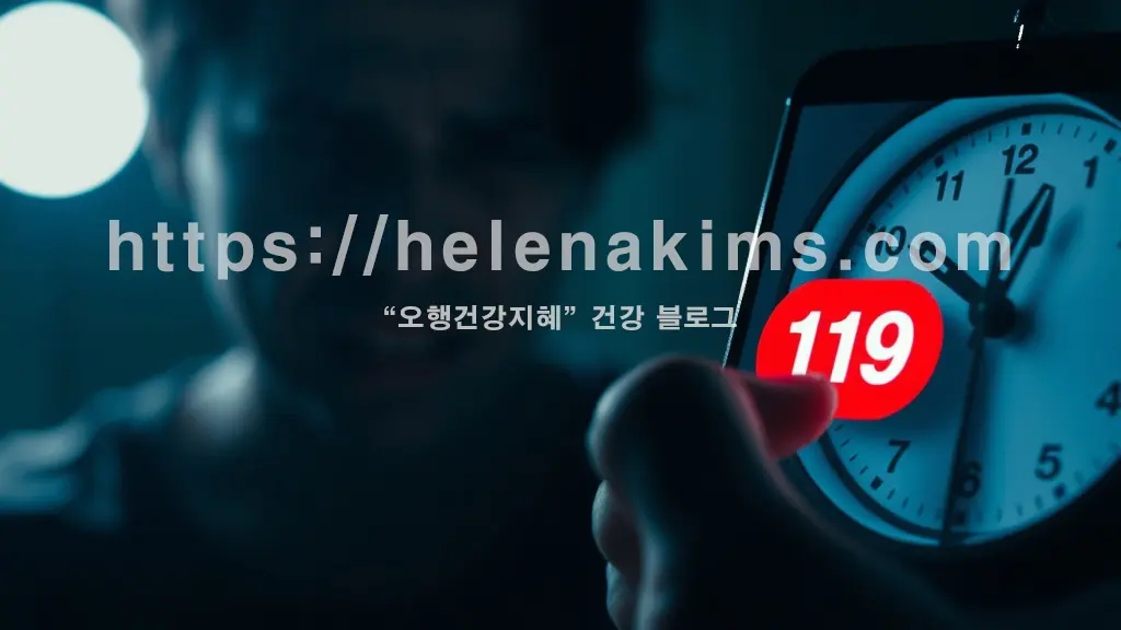 어두운 배경에 불안하고 고통스러운 표정의 남성 얼굴이 희미하게 비치고, 전경에 떨리는 손이 스마트폰 '119' 버튼을 누르기 직전 모습.